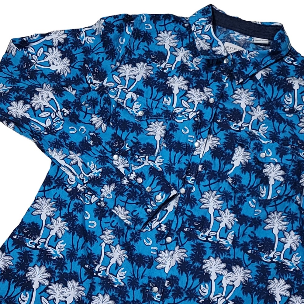 Roper Shirt Womens Med Blue Pearl Snap Western Long Sleeve Palm Trees Horseshoes